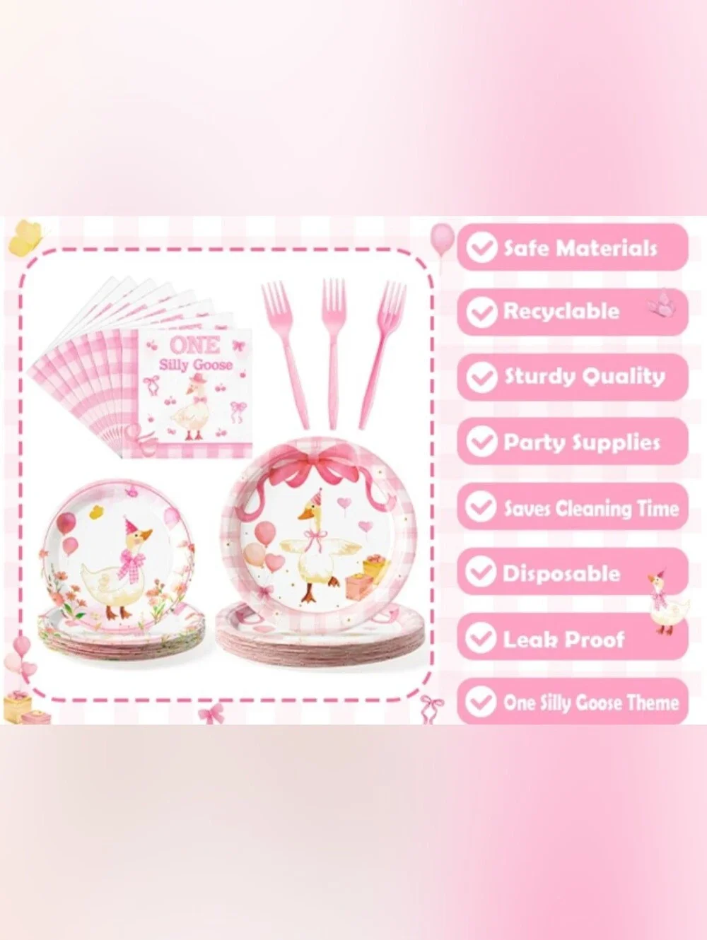 New 96Pc One Silly Goose Party Tableware Set Pink 1st Birthday Baby Shower Plate